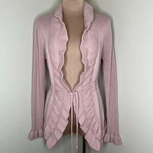 Cache Wool Blend Cardigan S/M Women Pink Angora Tie Front Ruffle Chunky Rib Knit